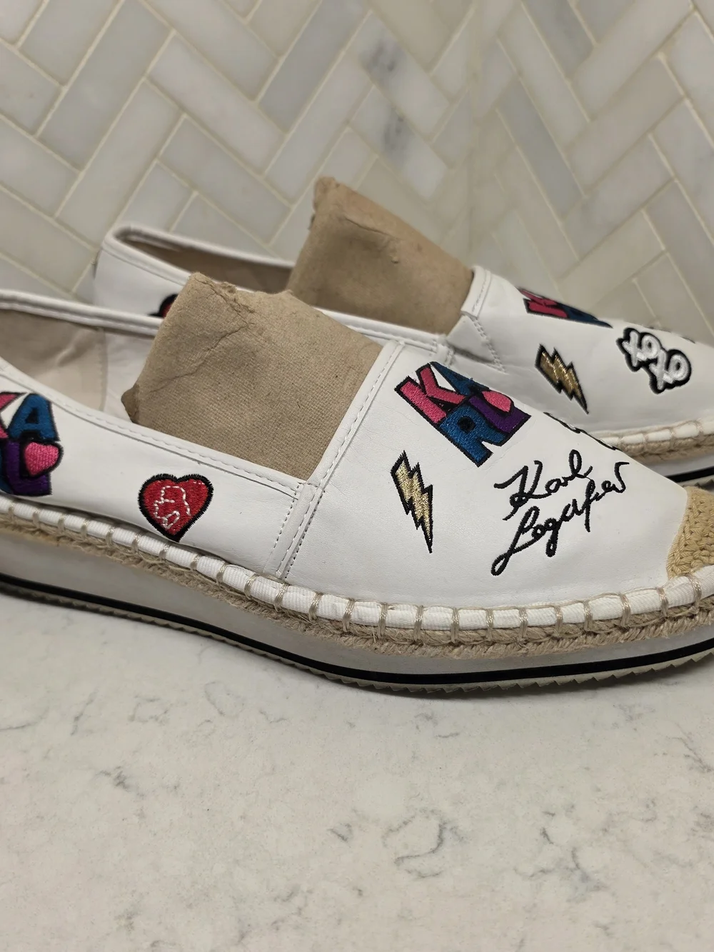Karl Lagerfeld White Espadrille Slip-Ons with Colorful Patches